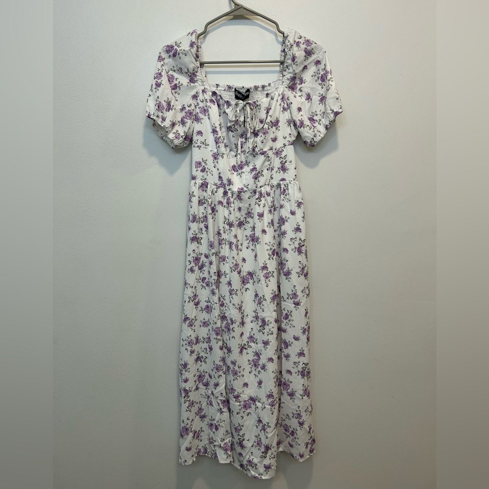 White and Purple Floral Midi Dress